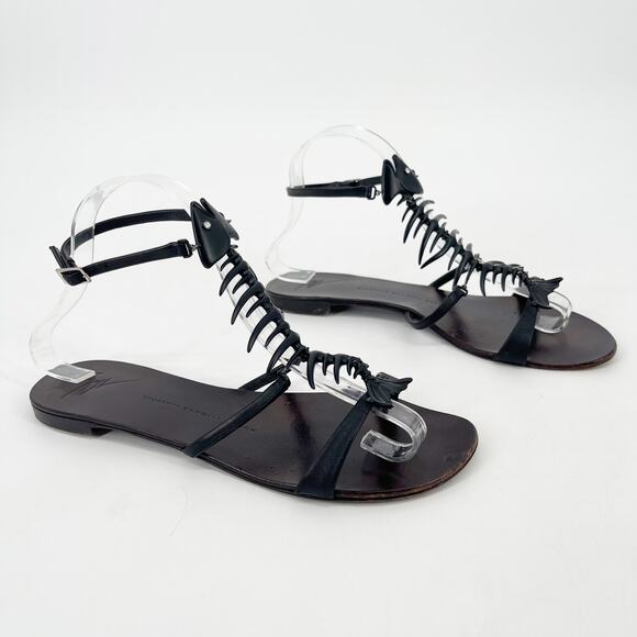 Giuseppe Zanotti Black Fishbone Embellished Flat Ankle Strap Sandals IT 39.5 - Picture 1 of 14